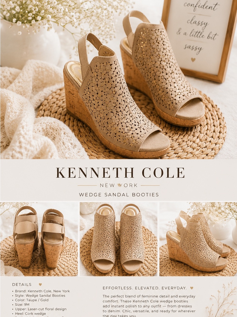 Kenneth Cole Taupe Laser-Cut Wedge Sandals